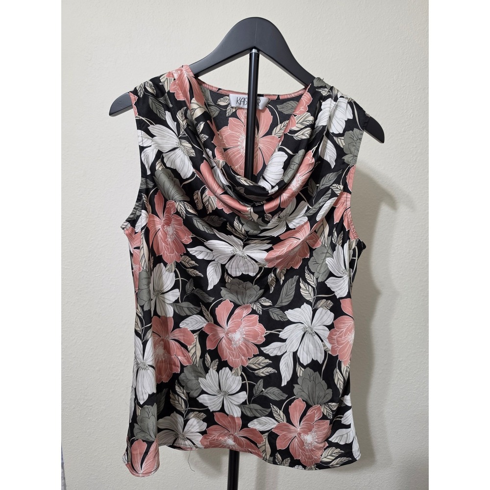 Kasper Womens Floral Cowl Neck Sleeveless Blouse Black Pink Sage Green Size M